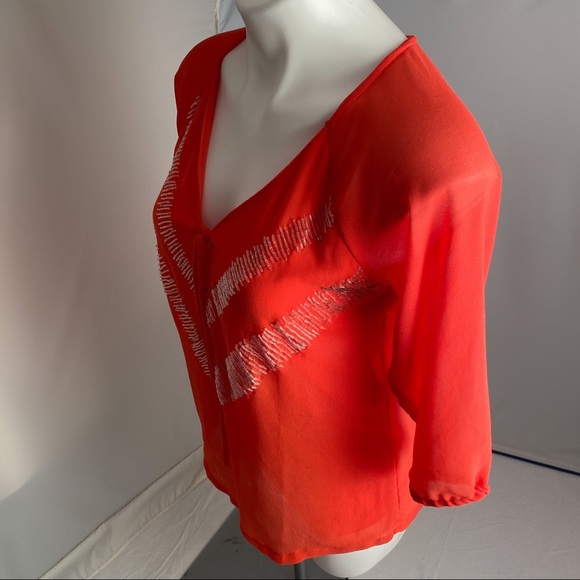 BKE coral beaded layered three quarter sleeve v-neck blouse - Picture 4 of 10